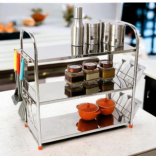 Image of AMOL Premium Stainless Steel 3 Layer Kitchen Shelf Rack | Rust-Proof Wall Mount Utensil Organizer with Glass & Spoon Holder