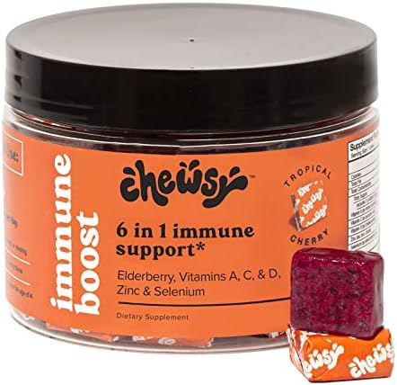 6-in-1 Immune Support Supplement Fruity Chews with Elderberry, Vitamin C, A & D, Zinc & Selenium - 30-Day Supply, Individually Wrapped Immunity Vitamins Chews for Adults and Kids (1)
