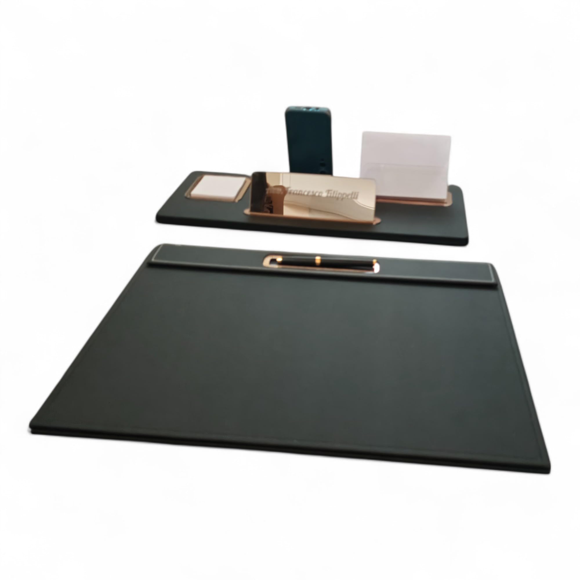 Oggettando Set Scrivania in eco pelle PU Nera, 5in1 Organizer con Supporto smartphone, Porta lettere, Porta bigliett, Portacarte ades, Cavaliere person, Sottomano Ufficio, Casa (ACRILICO BRONZO)