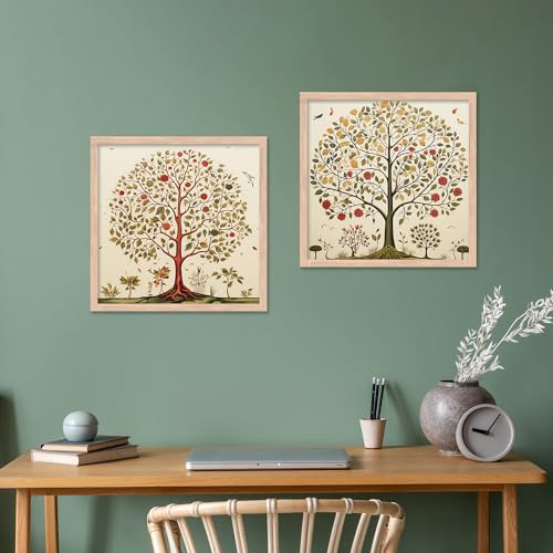 Image of kotart Premium Digital Madhubani tree wall Art Paintings with Frame for Home Decor - Framed Wall Painting for Living Room Bedroom Office Room Decor - Painting for Wall Decoration - Set of 2 Multicolor paintings (10x10 inch, A)