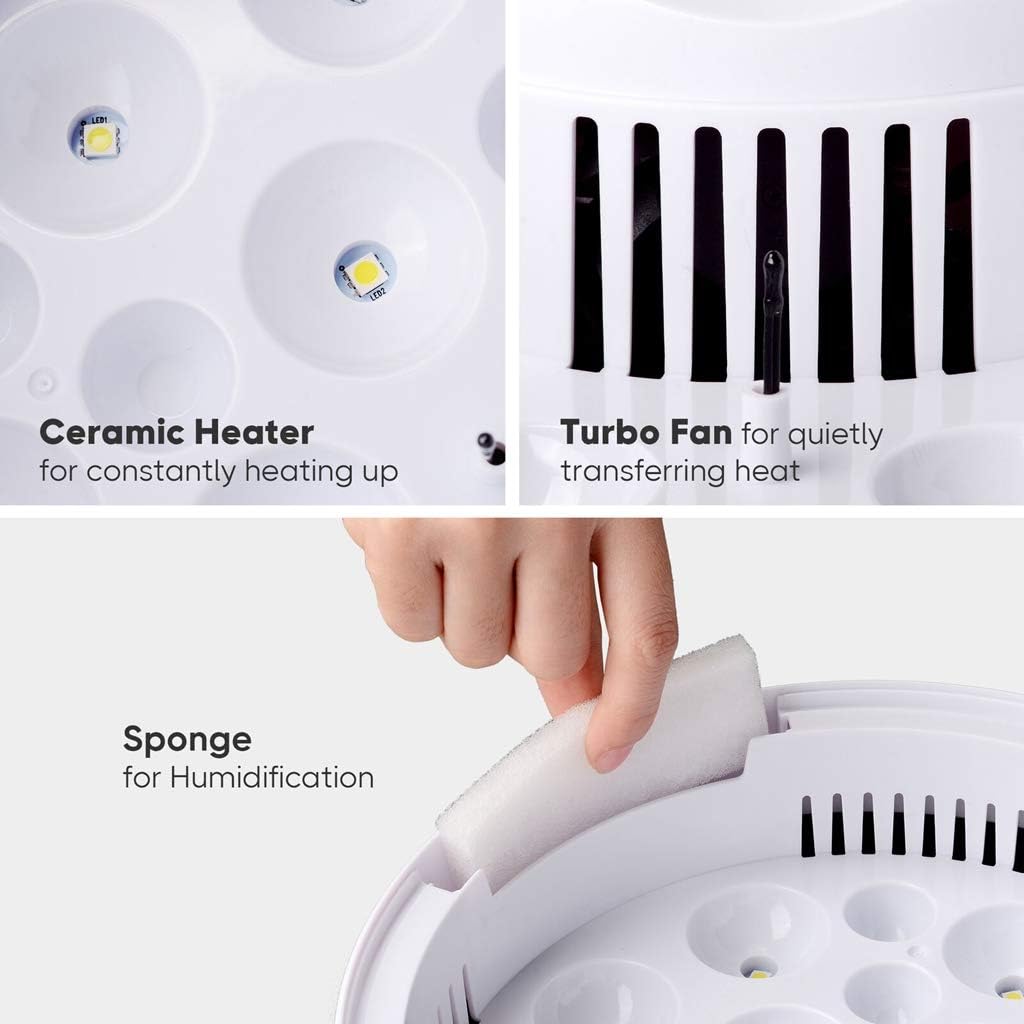 Close-up of ceramic heater, turbo fan, and humidifying sponge