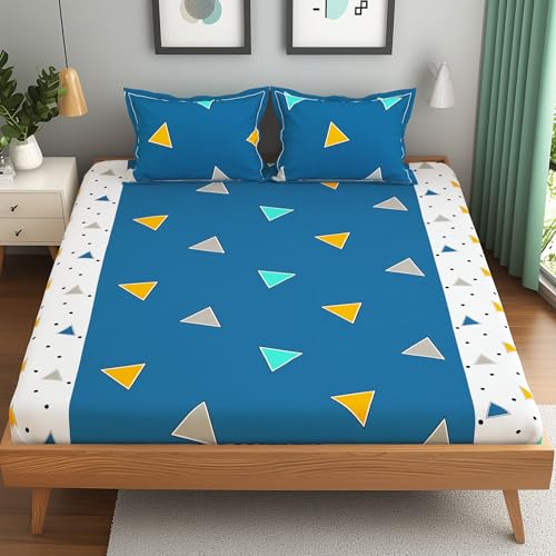 Image of Bedsheets for Double Bed with 2 Pillow Covers|152TC, 100% Cotton Double bedsheet with Pillow Cover|225 x 250cm|Blue & White, Triangle Pattern|Home Decor |Ideal for Festive Gifting