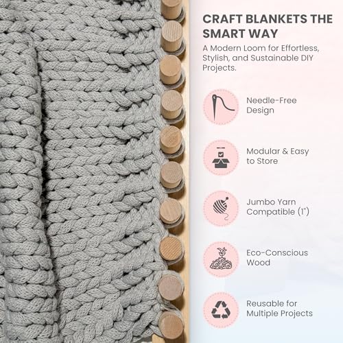 Image of Looma 46 inch Wooden Loom Frame for DIY Throw Blankets Chunky Knit Blanket Kit - Adjustable Size Hand Knitting Kit - No Needles Required - Beginner-Friendly Yarn Craft for Home Decor & Stress Relief