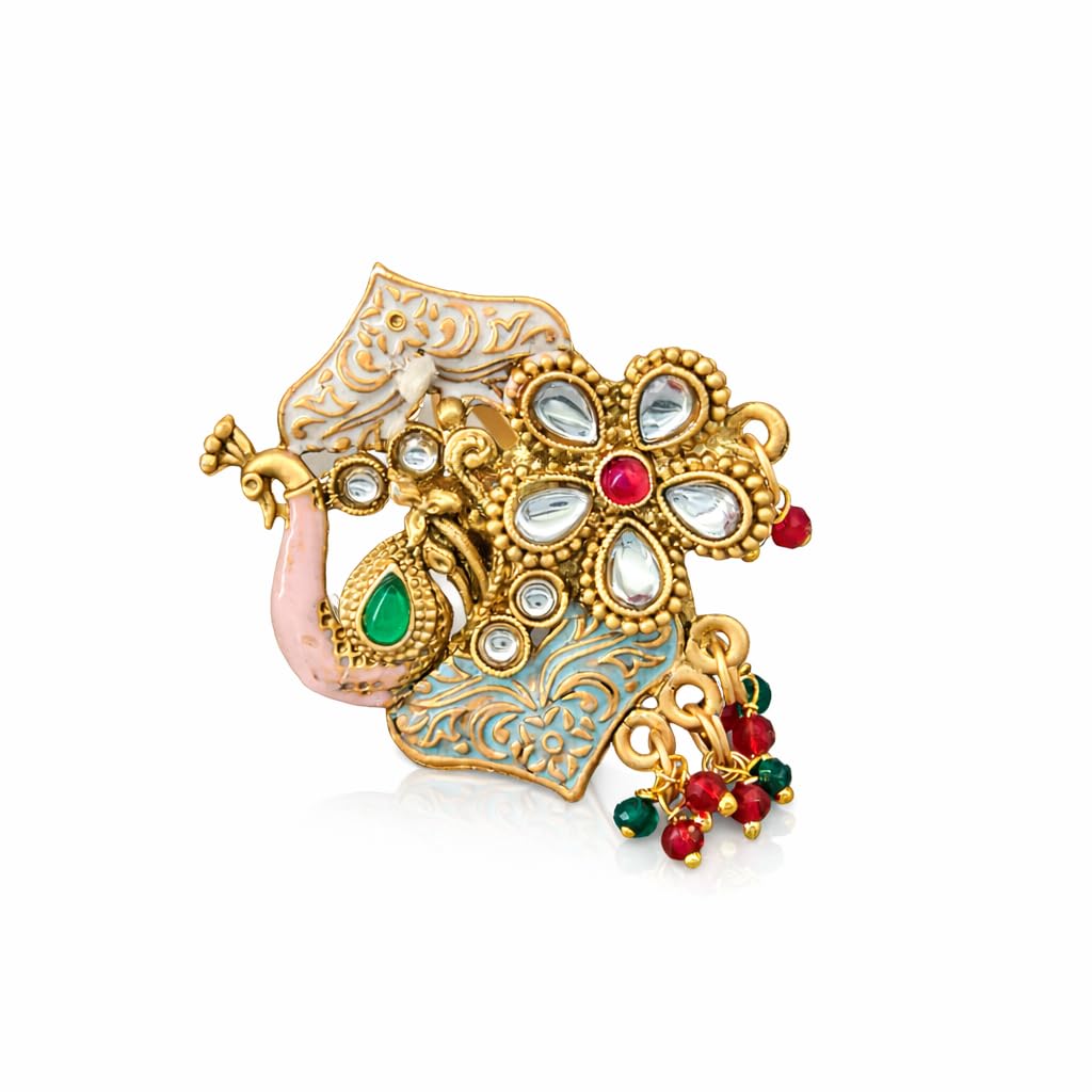 Gold Plated Antique Elephant Design Ring with Kundan Stones Beads and Enamel Work