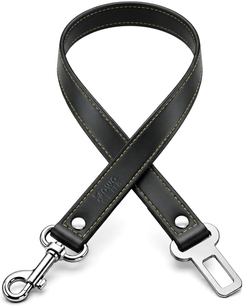 Cinturón de seguridad para perro de cuero genuino para automóvil, conducción segura sin distracciones, diseño resistente con hardware de grado militar, arnés para mascotas pequeñas, medianas y grandes (negro, 30 pulgadas)