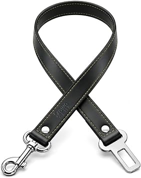 Genuine Leather Dog seat Belt for car, Safe Distraction Free Driving, Heavy-Duty Design with Military Grade Hardware, Harness for Small, Medium and Large Pets Black, 30"