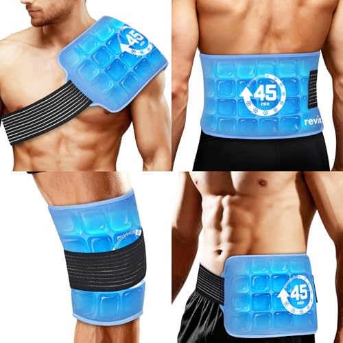 REVIX Large Ice Packs for Injuries Reusable (16 × 9") with Elastic Strap, 45-Minute Long-Lasting Cold Therapy with Ice Grid Gel Design, Multi-Purpose Flexible Gel Cold Pack for Knee, Shoulder, Back