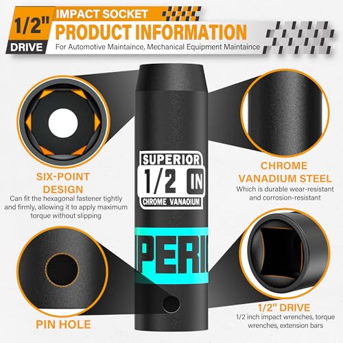 Image of 1 /2 inch Drive Impact Socket, 1 /2 inch Deep Socket, SAE, 6 Point, CR-V, for Car Repair, Loosen the Fastening Nut