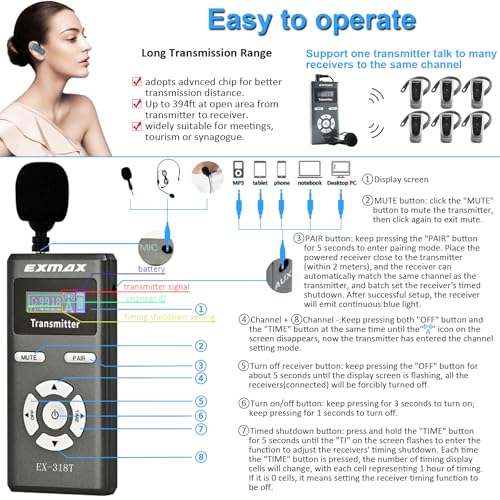 Sistema de guía de audio inalámbrico EXMAX EX-318 con 1 transmisor y 20 receptores para iglesias, traducción y eventos miniatura 6