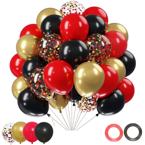 Netnology Red Black Gold Balloons 60Pcs 12 Inch Red Black Metallic Gold Latex Balloon and Confetti Balloon for Graduation Birthday Casino Theme Party Wedding Anniversary Party Decorations