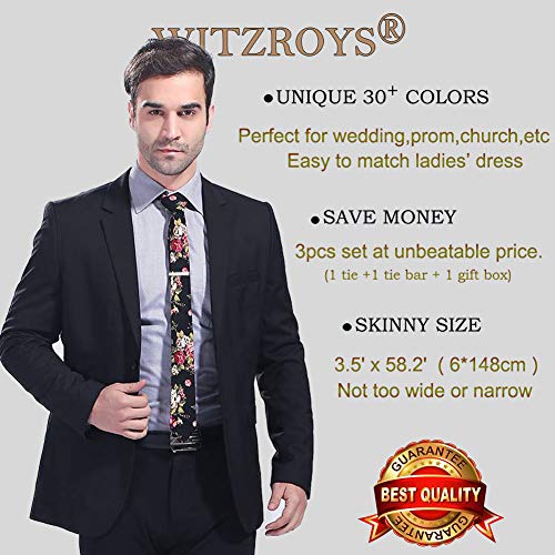 Image of Men's Skinny Tie Floral Cotton Necktie and Tie Bar Clip Sets, Great for Weddings,Groom,Groomsmen