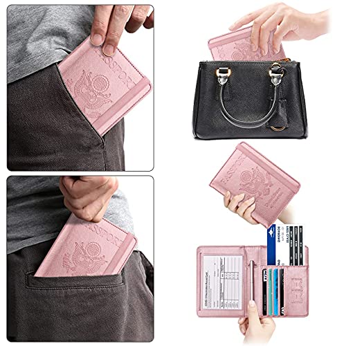 WALNEW Passport Holder for Travel, RFID Passport Cover Wallet for Women Men, PU Leather Passport Book Case with Pen Holder and Clear Photo Slot, Rosegold