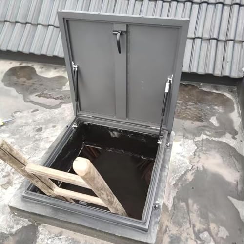 ルーフベントエスケープハッチ、50 60 70 80 90 100CM 屋根裏地下室階段アウトレット蓋、ガスショックストラット&ハンドル付き、セキュリティルーフアクセスドア、大型マンホールカバー、商用金属屋根天井カバー(90x90cm/35.4x35.4i