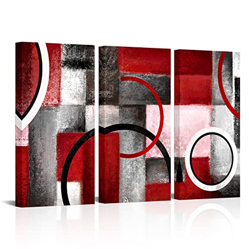 Kaloremore Large Burgundy Red and Grey Geometric Circle Painting Giclee Prints Artwork Gallery Wrap on Wood Frame Ready to Hang for Living Room Bedroom Wall Decoration 16"x32"x3pcs (Red)