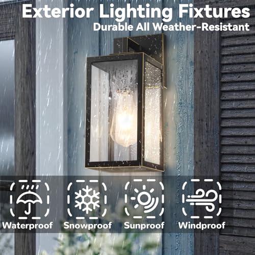 Image of Outdoor Wall Light Fixtures, Outdoor Lights for House, 2-Pack, 12 In, E26 | Black Exterior Wall Lanterns with Tempered Glass for Front Porch, Garage, Patio, Outside Wall Sconces, Gold Trim, Anti-Rust
