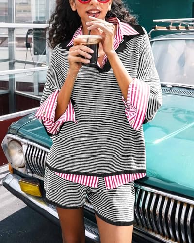 Image of Tankaneo Womens Sweater Set 2 Piece Outfits Oversized 3 /4 Sleeve V Neck Knit Tops High Waisted Shorts Lounge Sets