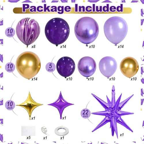 Image of Purple Balloon Arch Kit 110PCS Dark Purple and Gold Balloon Garland with Star Metallic Violet Lavender Lilac Birthday Party Balloons for Butterfly Baby Shower Graduation College School Prom Decoration