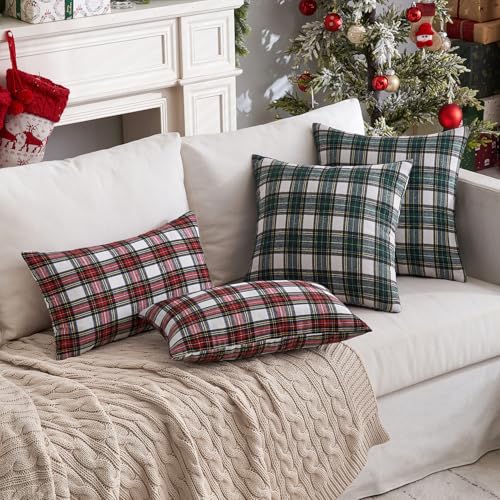 Image of MIULEE Christmas Plaid Pillow Covers Scottish Tartan 20x20 Green and White | Set of 2 Christmas Decorations Cushion Covers, Farmhouse Winter Home Decor, for Thanksgiving Sofa Couch Bed Living Room