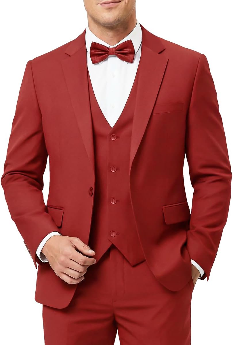 Men's 3-Piece Slim Fit Suit with Bow Tie, Single Button Blazer Vest Pants Set for Wedding Business, Formal Suit for Men