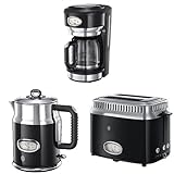 Fácil de limpiar Russell Hobbs Gama Retro - Hervidor de 2400 W, tostador con 2 ranuras y cafetera con jarra de cristal, color negro