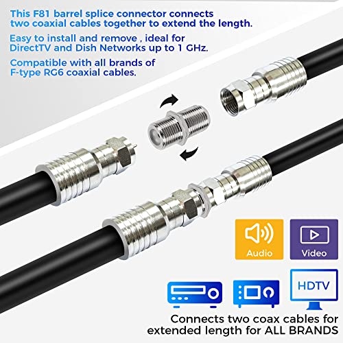 Togconn Coaxial Cable Connector 10 Pack，Rg6 Female To Female Coax Cable Extender F-Type Adapter For Tv Cables #TOP2