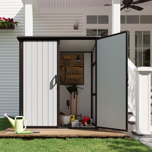 Aoxun 5 x 3 FT Outdoor Storage Shed, Resin Shed with Floor & Lockable Doors, Garden Shed Waterproof Plastic Tool Shed with Sloped Roof for Backyard, Garden, Patio, Lawn, Beige