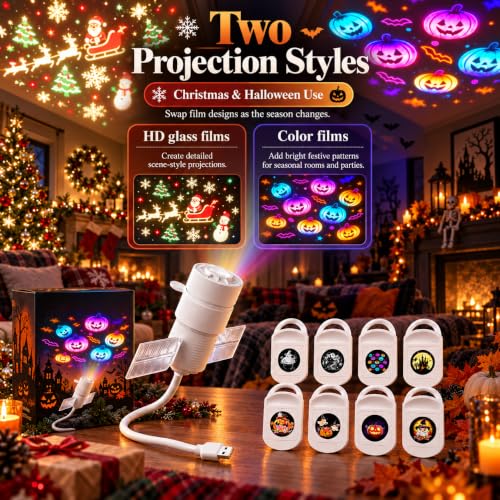 Christmas Holiday Projector Lights Indoor with 8 Films, USB Design 360°Adjustable Plug and Play Holiday Projector Night Light，Halloween - image 4
