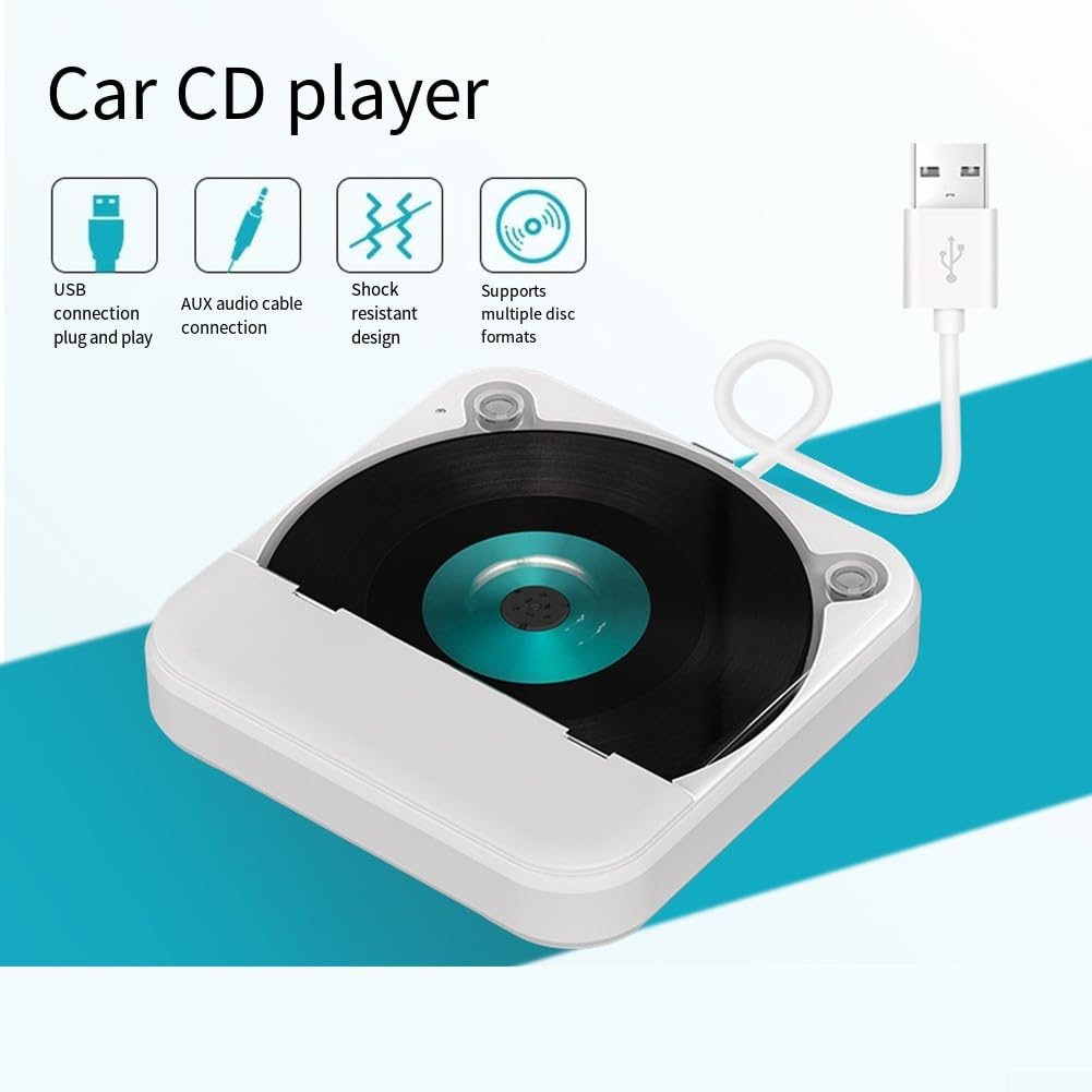 Lettore CD portatile per sistema auto USB AUX Port Anti-Skip Protezione Leggero Discman esterno per uso domestico Bianco 14,3 centimetri