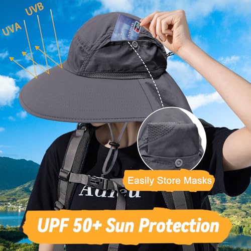 Image of Sun Hats for Men Women Detachable Face Cover Wide Brim Fishing Hats with Neck Flap UPF 50+ Outdoor Safari Hats