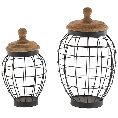 Deco 79 Metal Living Room Decorative Jars Caged Style Decorative Container with Wood Lids, Set of 2 Jar with Lid 12