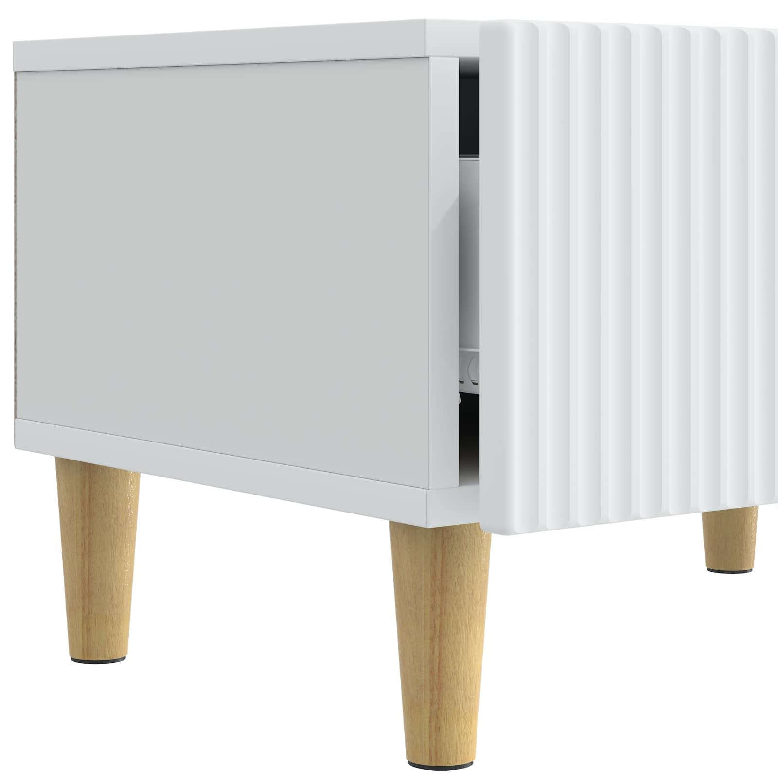 Mobile TV basso con 3 cassetti, bianco, 147 x 34,5 x 30 cm, in legno, mobile multimediale per TV, home theater, passacavi, spazio per ricevitori, altoparlanti