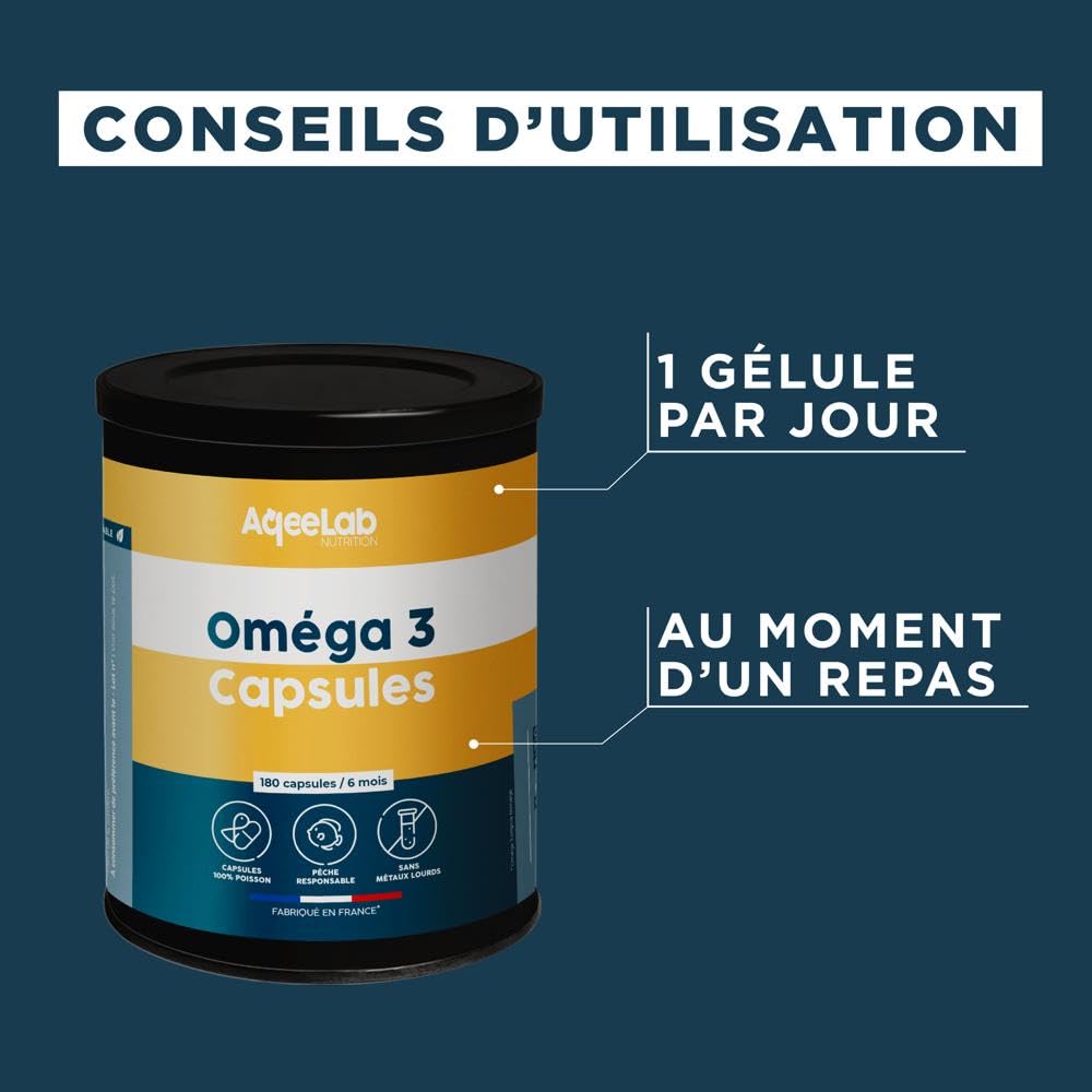 Omega 3 Epax 1000 mg • Ultra concentrés : 780 mg EPA + DHA • 180 capsules 100% poisson • 1 mois • TOTOX très bas • Pêche responsable • Fabriquée en France • Marque écoresponsable • AqeeLab Nutrition