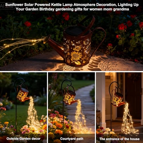 Sunflowers Solar Lights Outdoor Garden Sunflower Gifts, Gardening Gifts, Solar Watering Can Lantern for Garden Patio, Yard - Image 3