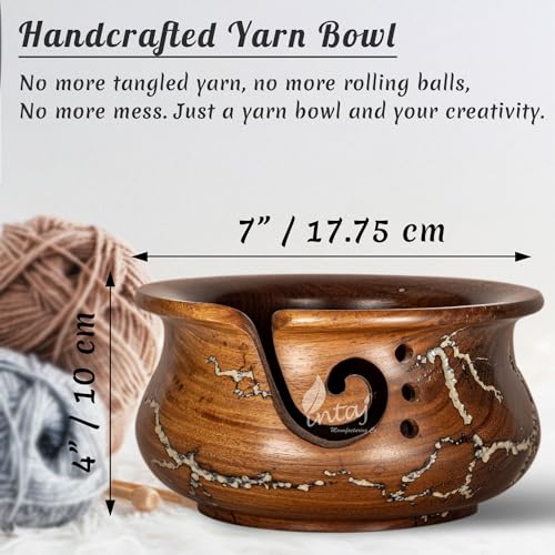 Image of INTAJ Wooden Yarn Bowl for Knitting and Crochet, 7 Inch No-Snag Holder
