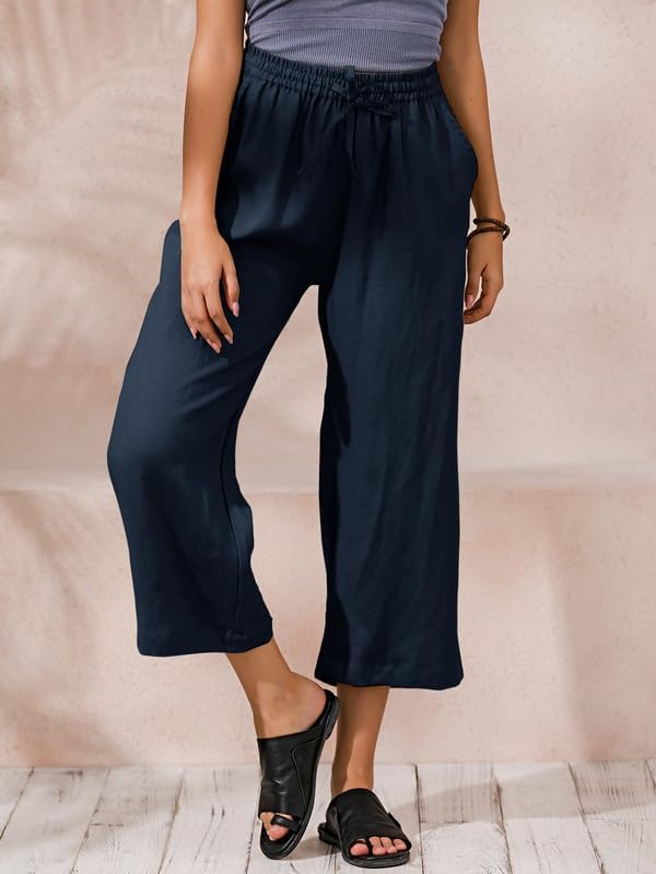ECUPPER Womens Linen Cropped Pants Loose Casual Capri Cotton Wide Leg Plus Size Elastic Waist with Drawstring Trouses - Image 3