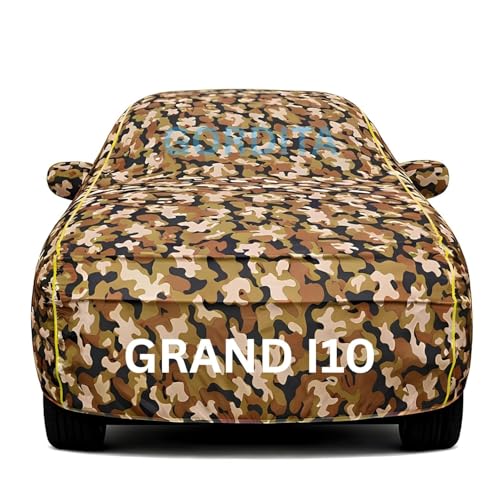 Image of Waterproof Car Body Cover for Grand i10 All Weather Protection Comes with Inner Cotton Lining & Triple Stitched with Mirror & Antenna Pocket Belt & Elastic Fit Army with Yellow Piping2