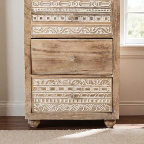 Image of The Attic Jodhpur Tallboy Drawer Chest, Kitchen and Living Room Storage, Solid Wood, Natural Antique + White Matte Finish