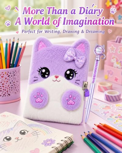 Image of Cat Diary with Lock for Girls Ages 4-12, Fuzzy Secret Journal Notebook Set