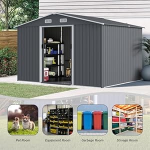 Ball cast 8×10 ft outdoor storage shed heavy duty metal sheds with sloping roof and sliding doorswaterproof tool sheds with punched vents for gardenbackyardlawneasy to assemblegrey  urban country home decor