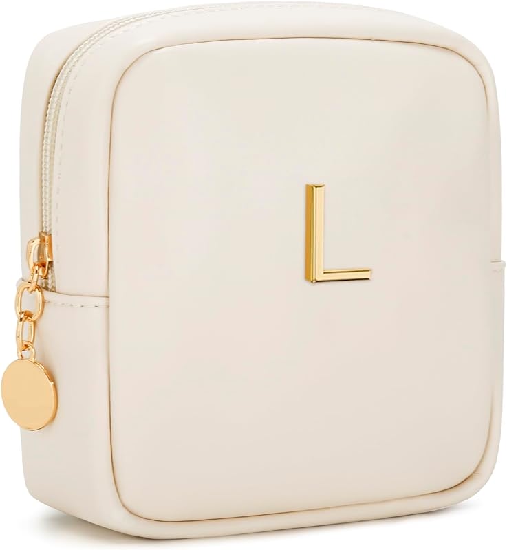 Necessaire retangular CLOUDWINGS em couro sintético PU, bege, com zíper e inicial personalizada