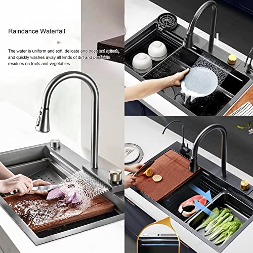 Évier de cuisine moderne noir à cuve unique en acier inoxydable avec robinet cascade