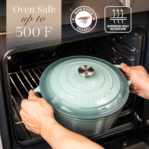 Image of Nuovva Enamelled Cast Iron Dutch Oven Pot with Lid 6.4 Quart Non Stick Casserole Pot-Heavy Duty & Oven Safe up to 500 F for Bread Baking, Braising, Stews, Roasting - 28cm Sea Salt