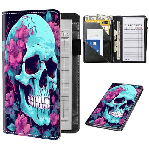 Server Book for Waitress,Server Books for Waitress with Zipper Pocket,Cute Server Book, Waitstaff Organizer Waitress Book with Money Pocket and Zipper Fit Server Apron,Flower Skull