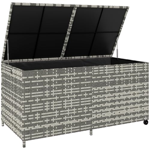 Outsunny Coffre de jardin en résine tressée, coffre de rangement extérieur 650 L imperméable avec doublure zippée, tige pneumatique sécurisée, 2 roues,...