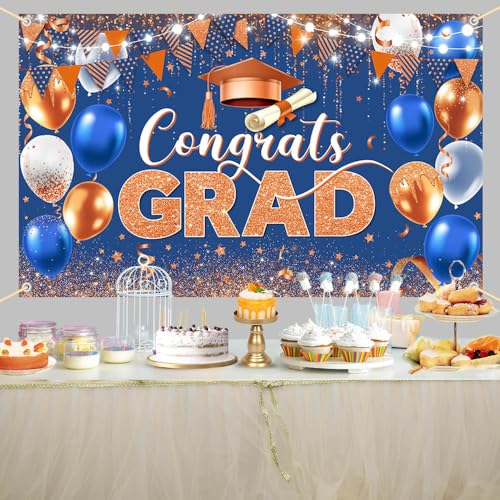 Image of AIBIIN 8x6ft Congrats Grad Backdrop Blue Orange Gold Glitter Balloons Congratulations Graduation Party Decorations Background for Photography Graduation Decorations 2026 Party Supplies