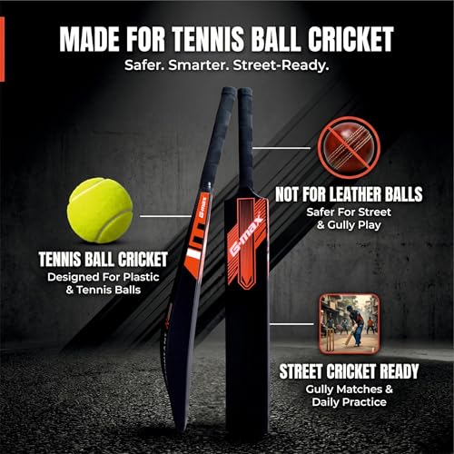 Image of G-Max Nuke Full Size Premium Cricket Hard Plastic Bat for Tennis Ball Play with Massive Sweet Spot, Standard Size for Ages 12+, 800g, Black Colour