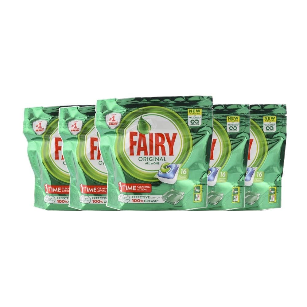 Lavavajillas Fairy Todo en uno 16 cápsulas caja de 5 unidades.