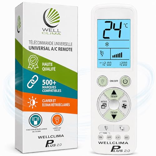 Wellclima Plus 2.0 – Télécommande Universelle pour climatiseur avec la Plus Large compatibilité du marché, Clavier et écran rétroéclairés, Lampe...