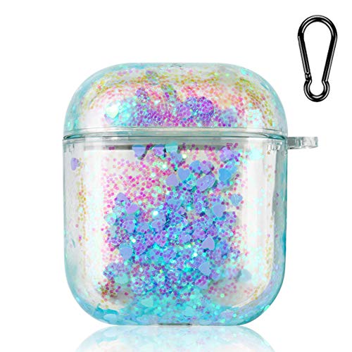 SGVAHY Bling Quicksand Case Compatible with Airpods 1&2, Luxury Glitter Liquid Sequins Clear Hard Protective Case with Keychain Wireless Charging Box for Girls Women (Blue)