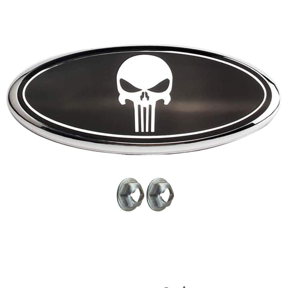 Oval 9" X 3.5" W/2 Nuts Black Punisher Skull Emblem Front Grille Compatible with Explorer Edge F-150 F-250 F350